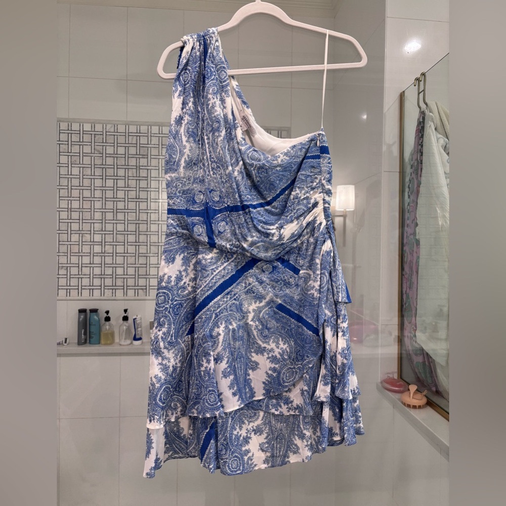AllSaints Blue and White Paisley One-Shoulder Dress